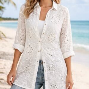 Kyla Seo White Eyelet ButtonFront Shirt Tunic 100% Cotton Large coastal boho